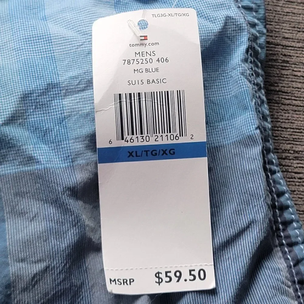 Tommy Hilfiger Men's Mg Blue Plaids Basic Drawstring Swim Short Size XL